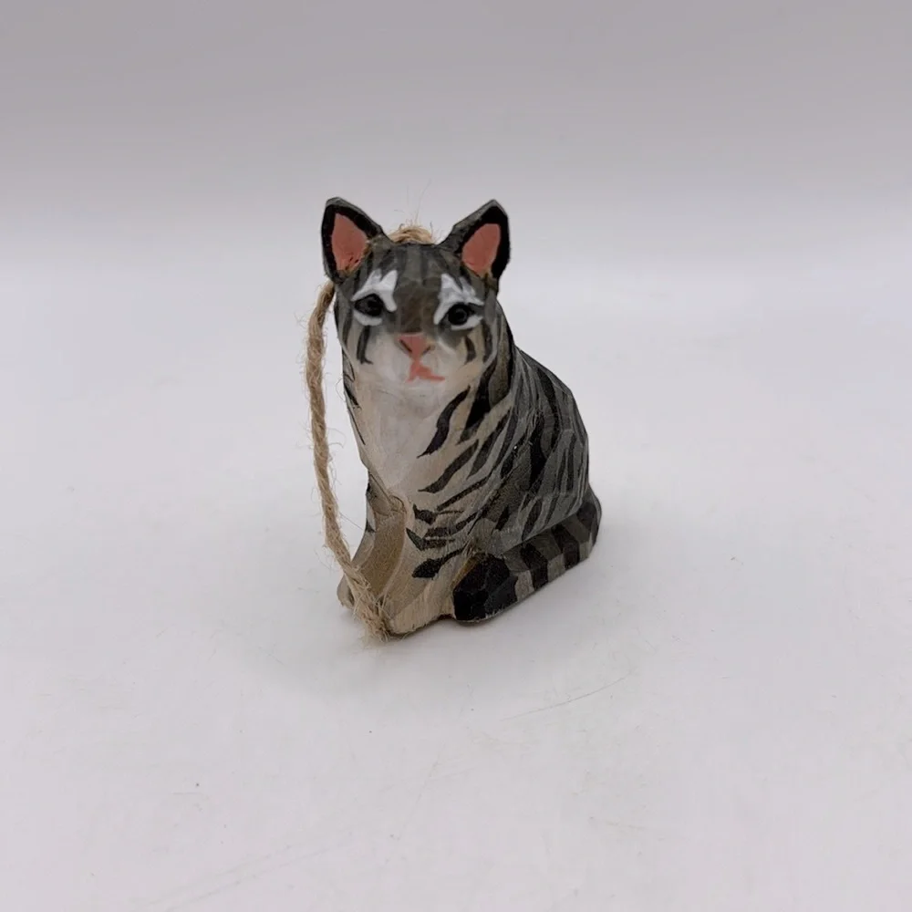 Vintage Handcrafted Painted Tabby Cat Christmas Ornament Collectible Decor Gray